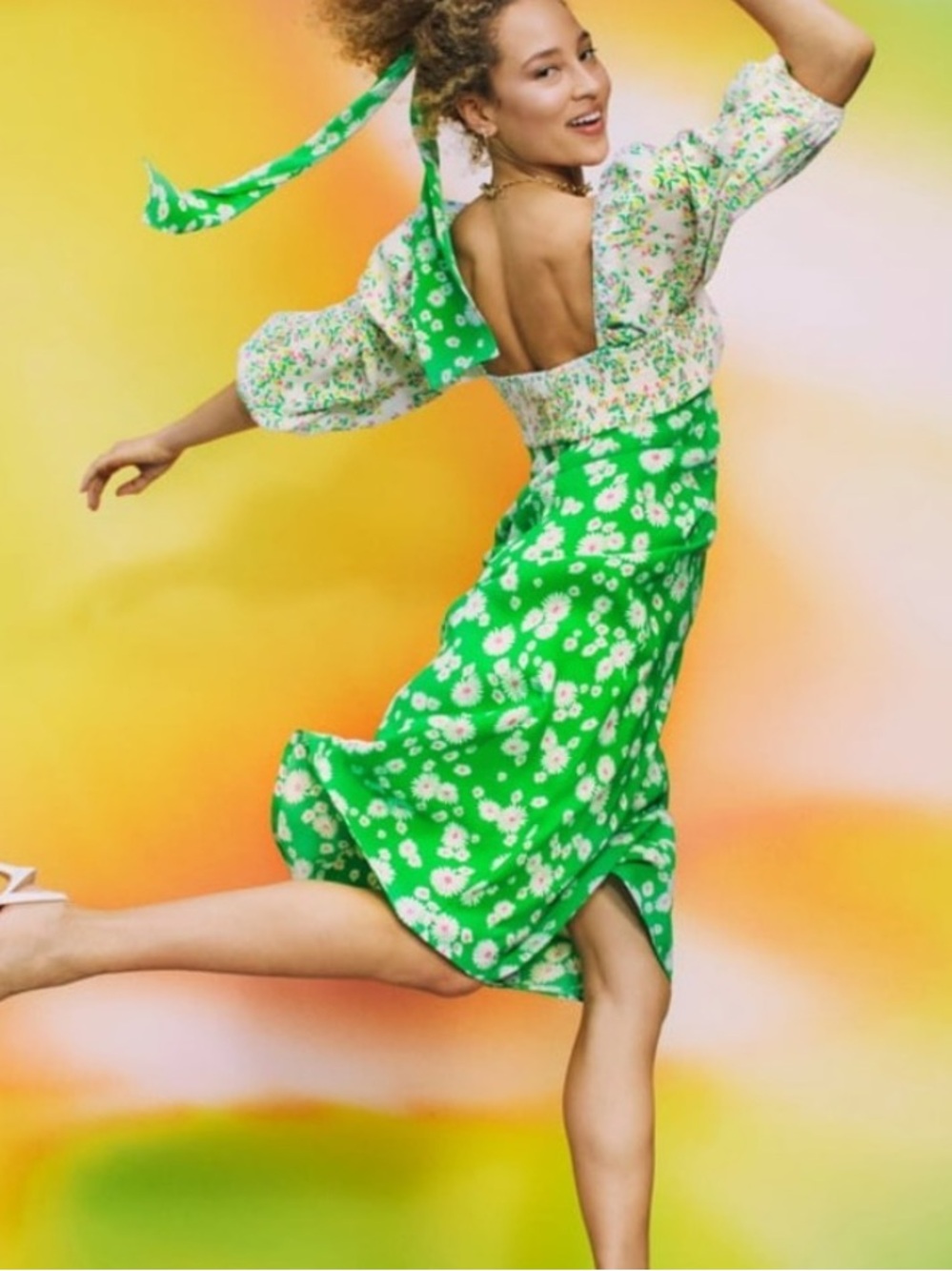 RIXO Green Floral Midi Dress with Puff Sleeves